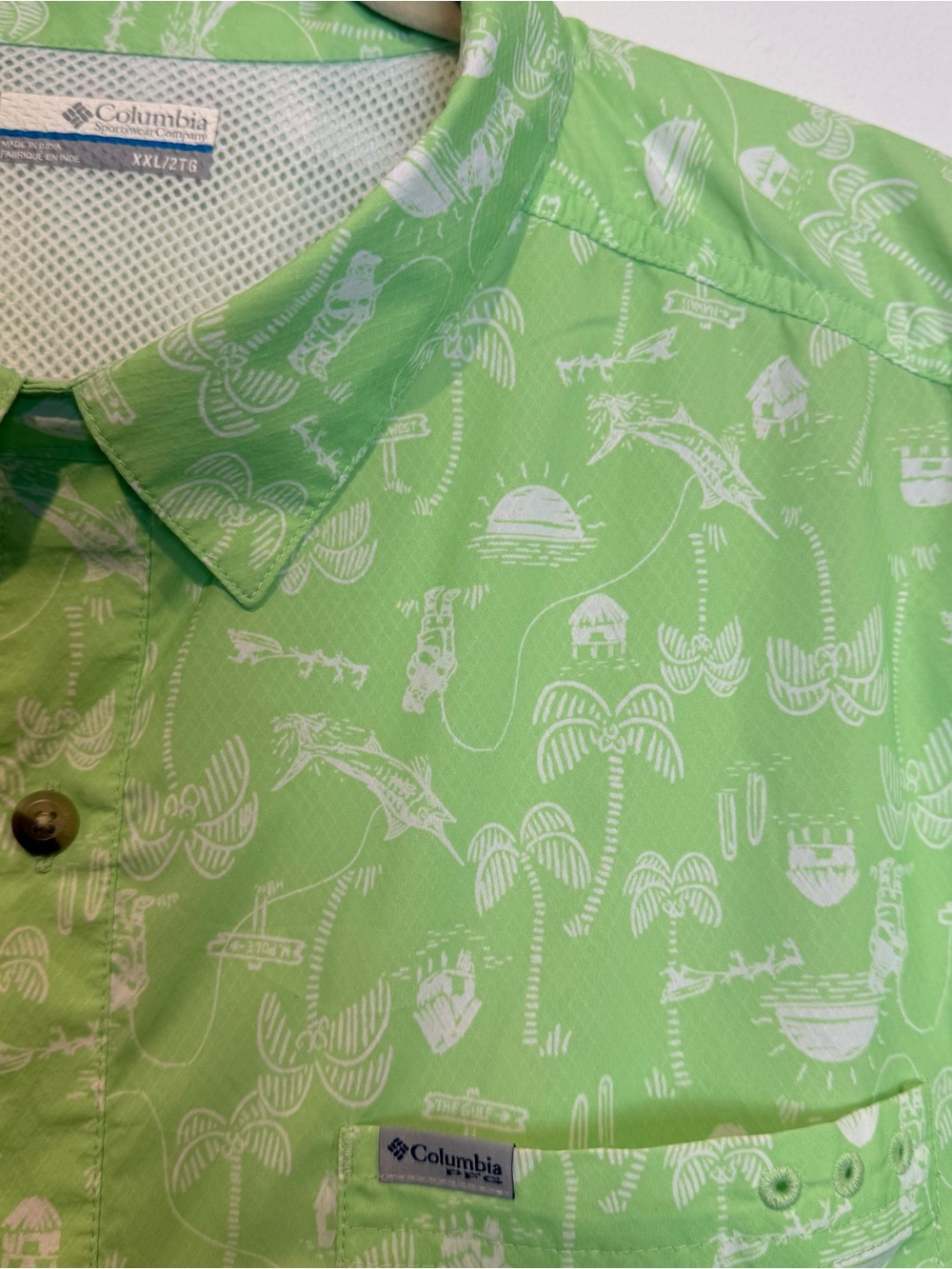 Columbia PFG Men’s XXL Fishing Shirt Vented Lime Green Palm Tree Island Fish